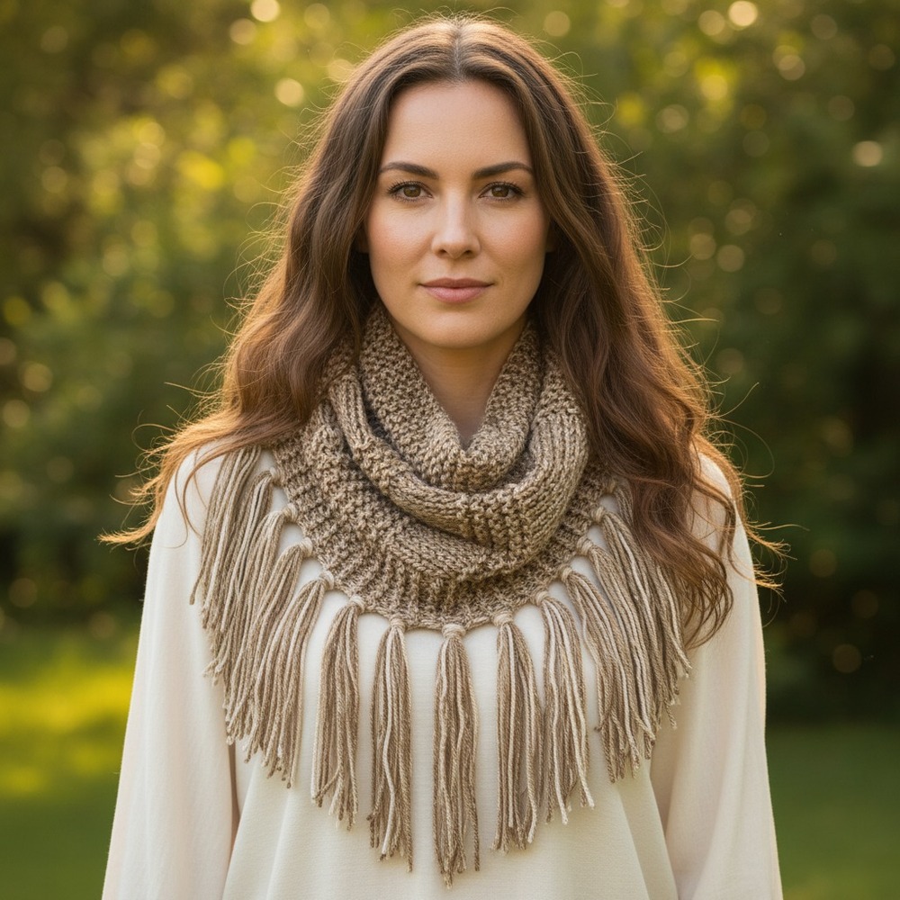 NEW Hand Knitted Taupe Boho Cowl Scarf Fringe Cottage Earthy Artsy Cottage Indie